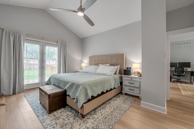 1074 Rockbridge Rd, Lexington, KY 40515 - bedroom featuring access to outside, light wood-type flooring, a desk, high vaulted ceiling, and a ceiling fan