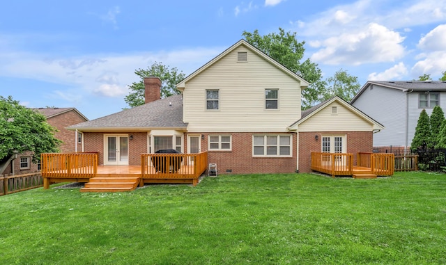 1074 Rockbridge Rd, Lexington, KY 40515 - back of house featuring brick siding, a fenced backyard, french doors, a chimney, and a wooden deck