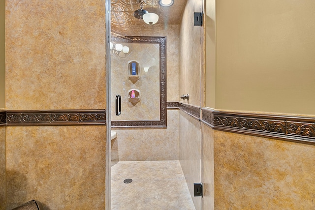 1488 Pine Grove School Rd, London, KY 40744 - full bath featuring a shower stall, tile walls, and wainscoting
