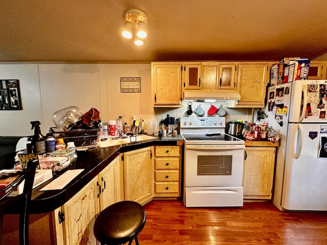 697 Ky 3439, Barbourville, KY 40906 - kitchen with white appliances, exhaust hood, dark countertops, and dark wood-style floors