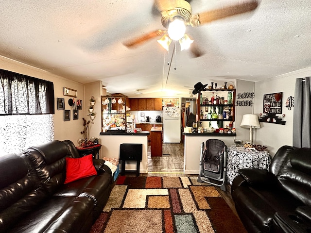 697 Ky 3439, Barbourville, KY 40906 - living area featuring a ceiling fan, a textured ceiling, wood finished floors, and lofted ceiling