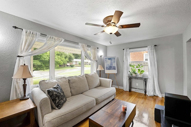 3523 Brookview Dr, Lexington, KY 40517 - living room featuring ceiling fan, light wood-style floors, a textured ceiling, and a textured wall