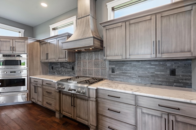 60 Pilots Dream Dr, Dry Ridge, KY 41035 - kitchen featuring a warming drawer, appliances with stainless steel finishes, custom exhaust hood, decorative backsplash, and dark wood finished floors