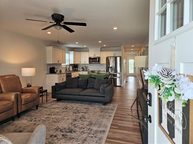 209-211 Wyldwood Way, Berea, KY 40403 - living room featuring recessed lighting, dark wood finished floors, and ceiling fan