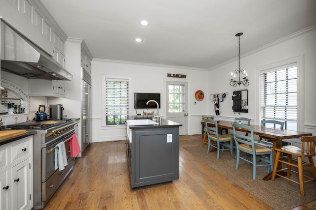 321 S Turner St, Midway, KY 40347 - kitchen with premium appliances, range hood, wood finished floors, crown molding, and a chandelier