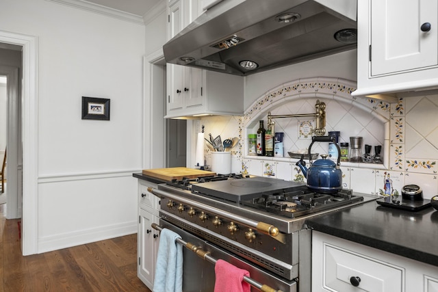 321 S Turner St, Midway, KY 40347 - kitchen featuring extractor fan, high end stainless steel range oven, ornamental molding, backsplash, and white cabinets
