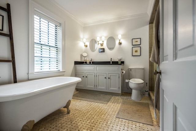 321 S Turner St, Midway, KY 40347 - bathroom with a freestanding bath, double vanity, and crown molding