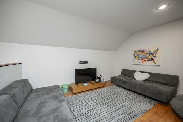 321 S Turner St, Midway, KY 40347 - living area featuring wood finished floors, vaulted ceiling, and recessed lighting