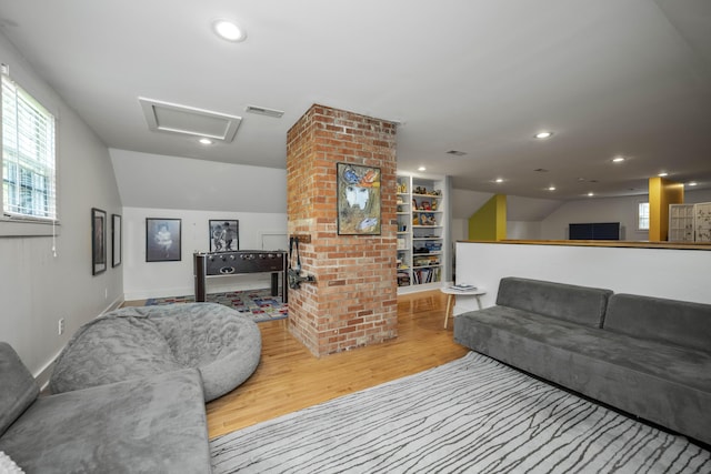 321 S Turner St, Midway, KY 40347 - living area with attic access, wood finished floors, recessed lighting, and lofted ceiling