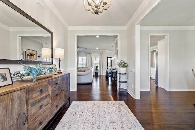 111 Colonial Dr, Versailles, KY 40383 - entrance foyer with dark wood-style floors, ornamental molding, and ceiling fan