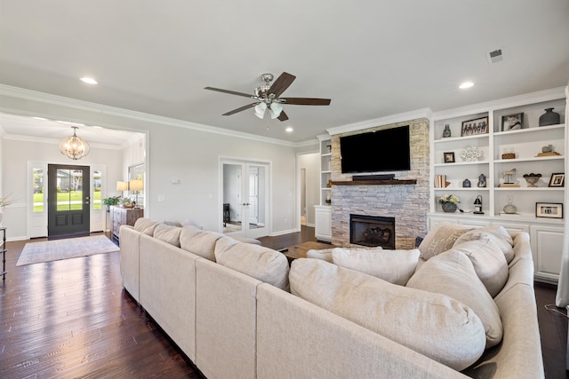 111 Colonial Dr, Versailles, KY 40383 - living room with dark wood finished floors, recessed lighting, a ceiling fan, a fireplace, and ornamental molding