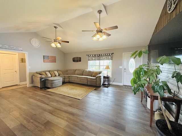 218 Foster Ln, Stanford, KY 40484 - living room with a ceiling fan, wood finished floors, and high vaulted ceiling