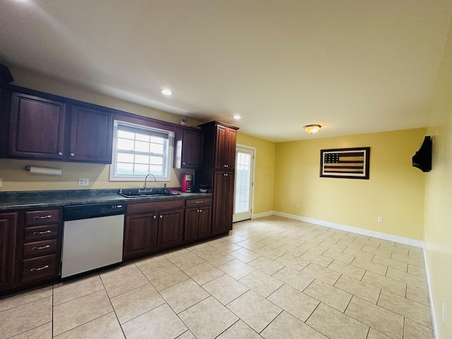 218 Foster Ln, Stanford, KY 40484 - kitchen with stainless steel dishwasher, dark countertops, light tile patterned floors, recessed lighting, and dark brown cabinets
