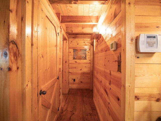 843 Joe Henson Rd, Dunnville, KY 42528 - hallway with wood walls, a wood ceiling with exposed beams, and wood finished floors