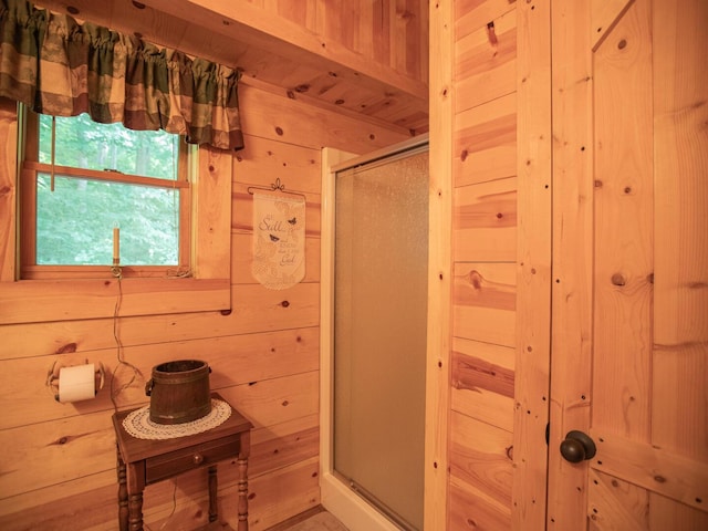 843 Joe Henson Rd, Dunnville, KY 42528 - bathroom featuring a stall shower and wooden walls