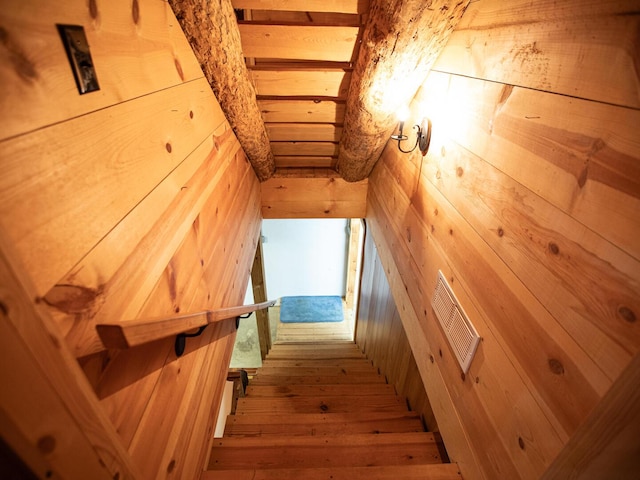 843 Joe Henson Rd, Dunnville, KY 42528 - staircase with wooden walls and hardwood / wood-style floors