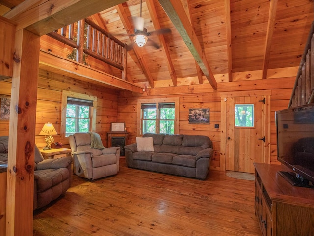 843 Joe Henson Rd, Dunnville, KY 42528 - living area with light wood-type flooring, a fireplace, wooden ceiling, wood walls, and ceiling fan