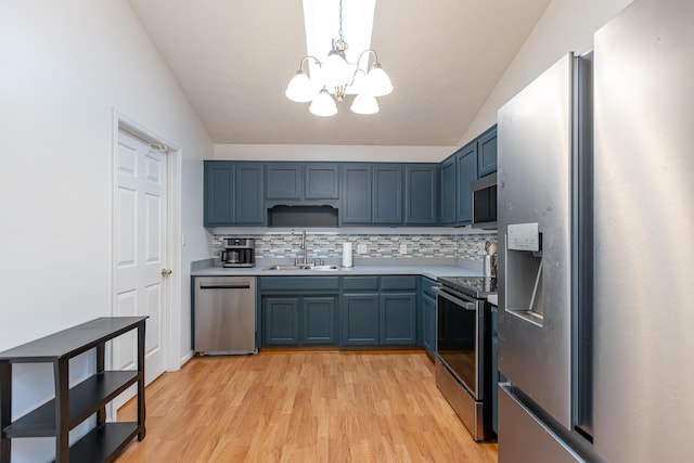 129 Plantation Dr, Lawrenceburg, KY 40342 - kitchen featuring stainless steel appliances, a chandelier, lofted ceiling, and blue cabinets