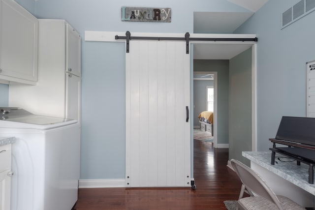 1000 Sunnyview Ln, Frankfort, KY 40601 - washroom with cabinet space, washer / dryer, a barn door, and dark wood finished floors