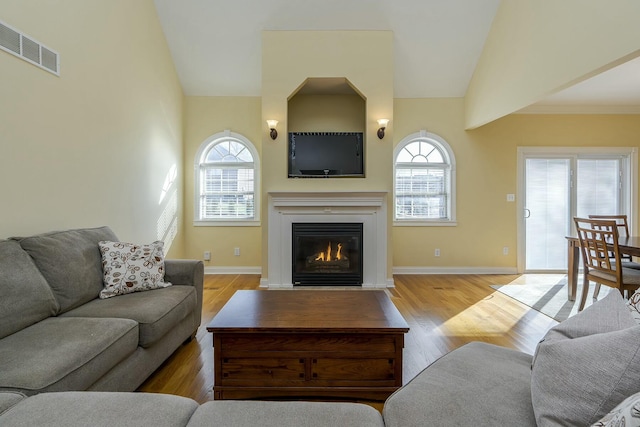 904 Belmere Dr, Lexington, KY 40509 - living room with a fireplace with flush hearth, vaulted ceiling, and wood finished floors