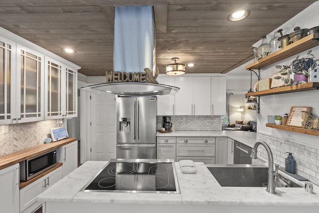 1020 Cornish Ln, Lawrenceburg, KY 40342 - kitchen with appliances with stainless steel finishes, wooden ceiling, open shelves, white cabinetry, and backsplash