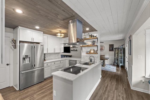 1020 Cornish Ln, Lawrenceburg, KY 40342 - kitchen featuring appliances with stainless steel finishes, island exhaust hood, white cabinetry, a peninsula, and wooden ceiling