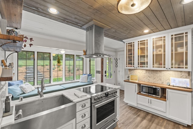 1020 Cornish Ln, Lawrenceburg, KY 40342 - kitchen featuring appliances with stainless steel finishes, island range hood, wood ceiling, butcher block countertops, and white cabinetry