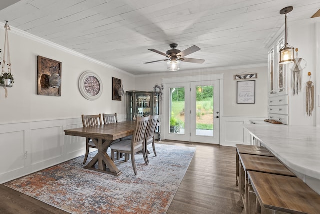1020 Cornish Ln, Lawrenceburg, KY 40342 - dining space with dark wood finished floors, a decorative wall, ceiling fan, ornamental molding, and a wainscoted wall