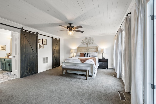 1020 Cornish Ln, Lawrenceburg, KY 40342 - bedroom featuring a barn door, carpet flooring, multiple windows, and crown molding