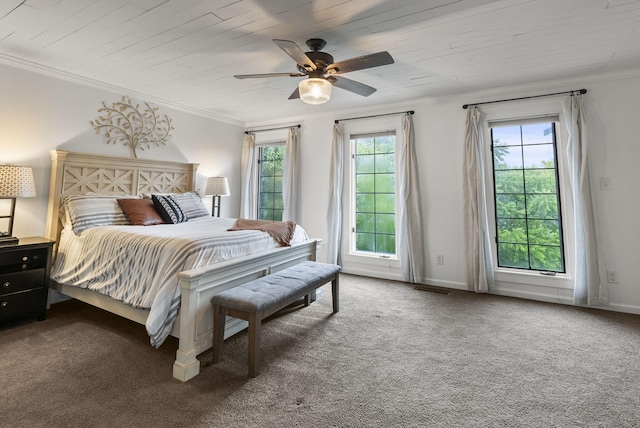 1020 Cornish Ln, Lawrenceburg, KY 40342 - bedroom with multiple windows, crown molding, carpet floors, ceiling fan, and wooden ceiling
