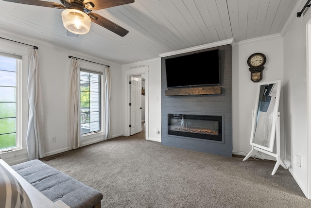 1020 Cornish Ln, Lawrenceburg, KY 40342 - carpeted living room featuring a ceiling fan, a fireplace, ornamental molding, and wood ceiling