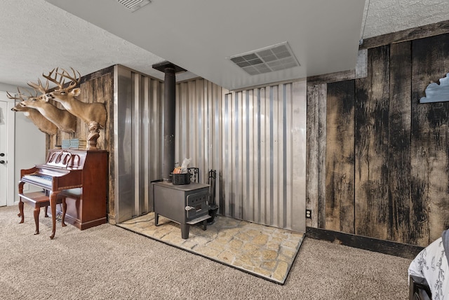 1020 Cornish Ln, Lawrenceburg, KY 40342 - miscellaneous room with carpet flooring, a wood stove, and a textured ceiling