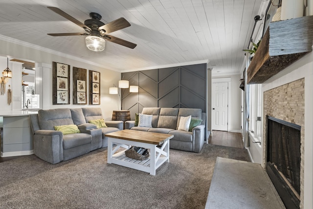 1020 Cornish Ln, Lawrenceburg, KY 40342 - living room featuring crown molding, a ceiling fan, a fireplace, carpet, and wooden ceiling