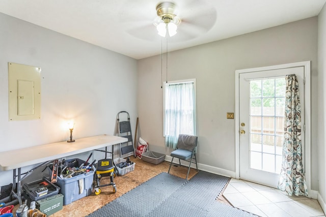 702 E 2nd St, Russellville, KY 42276 - interior space featuring electric panel, a ceiling fan, and tile patterned flooring