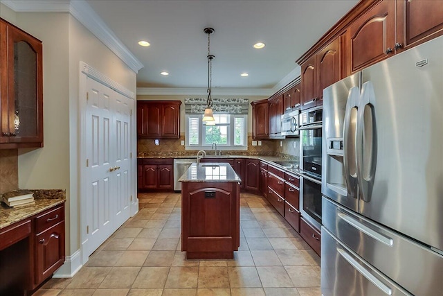 1758 Airdrie Ln, Frankfort, KY 40601 - kitchen featuring stainless steel appliances, ornamental molding, backsplash, a center island with sink, and dark stone countertops