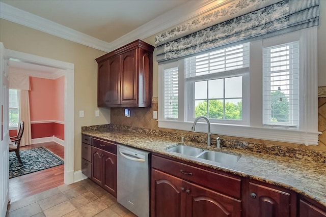 1758 Airdrie Ln, Frankfort, KY 40601 - kitchen featuring dishwasher, crown molding, dark stone countertops, tasteful backsplash, and light tile patterned flooring