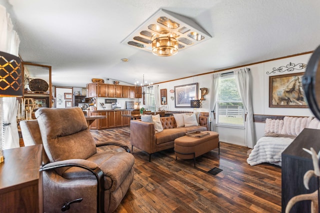 1100 Doublegate Rd, Jeffersonville, KY 40337 - living area featuring a chandelier, crown molding, dark wood-style floors, and vaulted ceiling