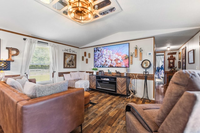 1100 Doublegate Rd, Jeffersonville, KY 40337 - living room with dark wood finished floors, vaulted ceiling, and a chandelier