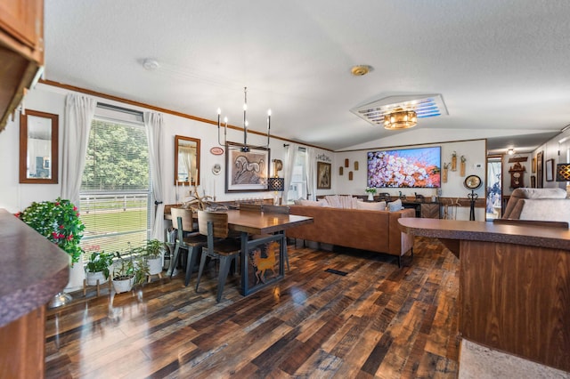 1100 Doublegate Rd, Jeffersonville, KY 40337 - dining room featuring dark wood finished floors, lofted ceiling, a textured ceiling, and a chandelier