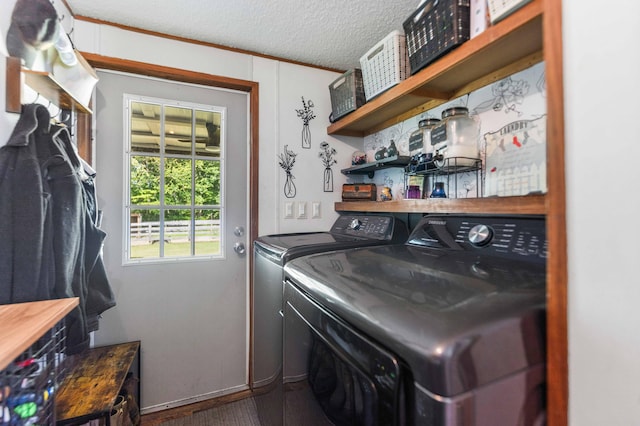 1100 Doublegate Rd, Jeffersonville, KY 40337 - laundry area featuring washing machine and dryer, wood finished floors, crown molding, and a textured ceiling