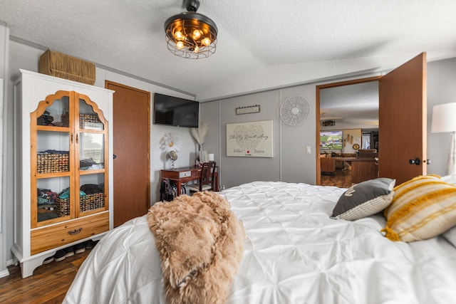 1100 Doublegate Rd, Jeffersonville, KY 40337 - bedroom featuring vaulted ceiling, dark wood-style floors, and a textured ceiling