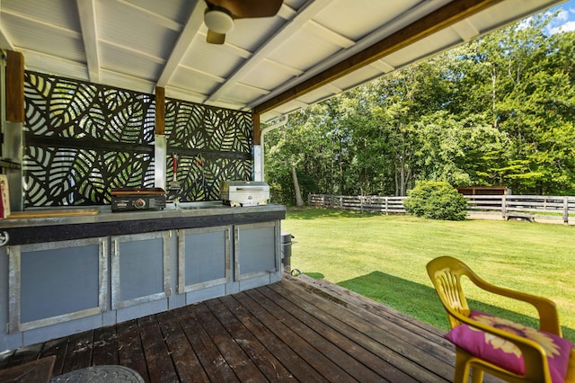 1100 Doublegate Rd, Jeffersonville, KY 40337 - deck featuring a fenced backyard, area for grilling, view of wooded area, and ceiling fan