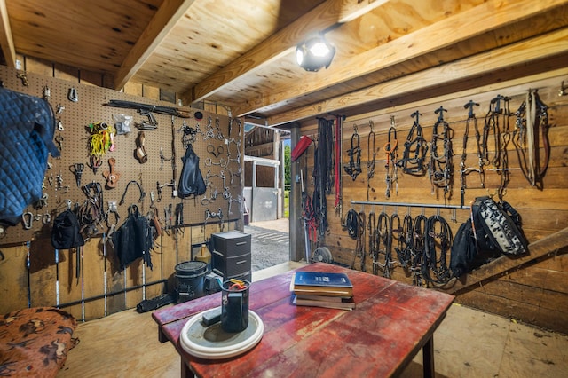 1100 Doublegate Rd, Jeffersonville, KY 40337 - dining area with a workshop area, wood walls, and beam ceiling