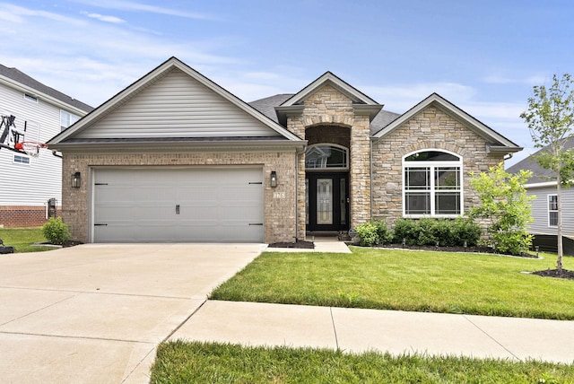 176 Cross Park Dr, Georgetown, KY 40324 - view of front of property featuring concrete driveway, a front yard, an attached garage, stone siding, and brick siding