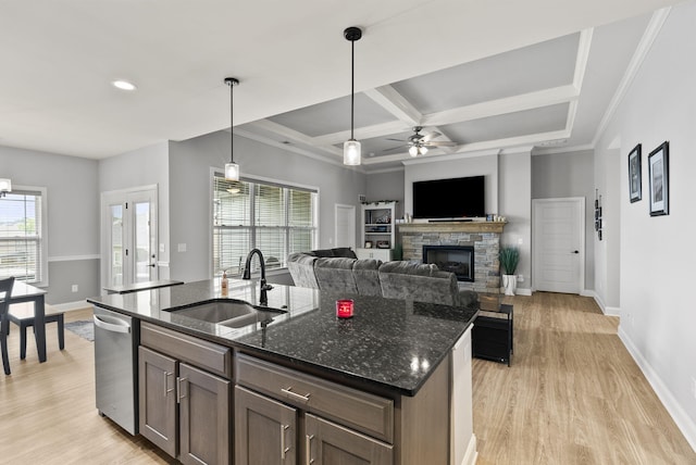 176 Cross Park Dr, Georgetown, KY 40324 - kitchen with dishwasher, a ceiling fan, light wood-type flooring, coffered ceiling, and dark stone counters