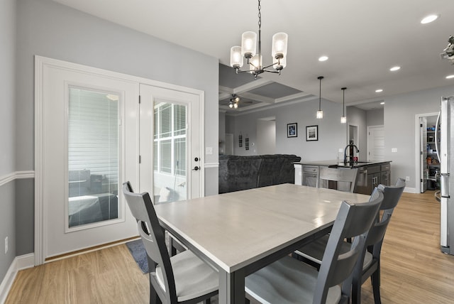 176 Cross Park Dr, Georgetown, KY 40324 - dining space with coffered ceiling, light wood-style flooring, recessed lighting, a chandelier, and a ceiling fan