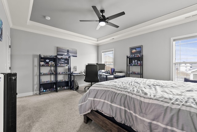 176 Cross Park Dr, Georgetown, KY 40324 - bedroom featuring a raised ceiling, carpet floors, crown molding, a ceiling fan, and a desk