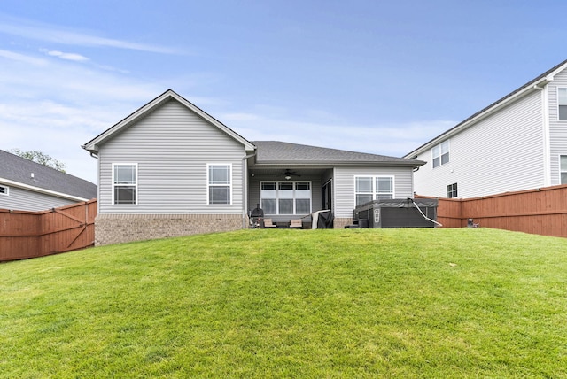 176 Cross Park Dr, Georgetown, KY 40324 - back of property with ceiling fan, a fenced backyard, and roof with shingles