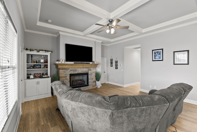 176 Cross Park Dr, Georgetown, KY 40324 - living room featuring wood finished floors, a ceiling fan, a fireplace, coffered ceiling, and beam ceiling