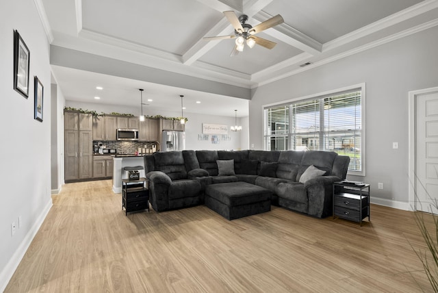176 Cross Park Dr, Georgetown, KY 40324 - living area with a ceiling fan, light wood-style floors, coffered ceiling, recessed lighting, and beam ceiling